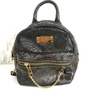 BCBG Paris Mini Backpack Purse Black Gold Snake Croc Embossed Faux Leather Used